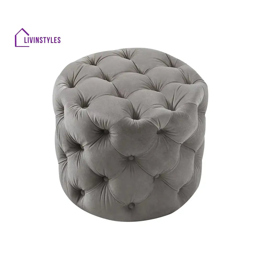 Dottie Round Shaped Grey Color Velvet Tufted Solid Puffy Ottoman Chairs