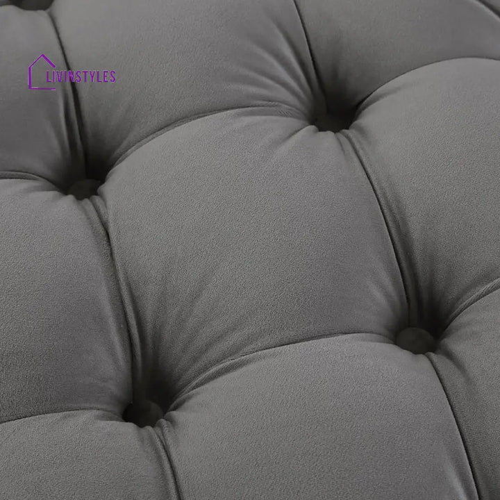 Dottie Round Shaped Grey Color Velvet Tufted Solid Puffy Ottoman Chairs