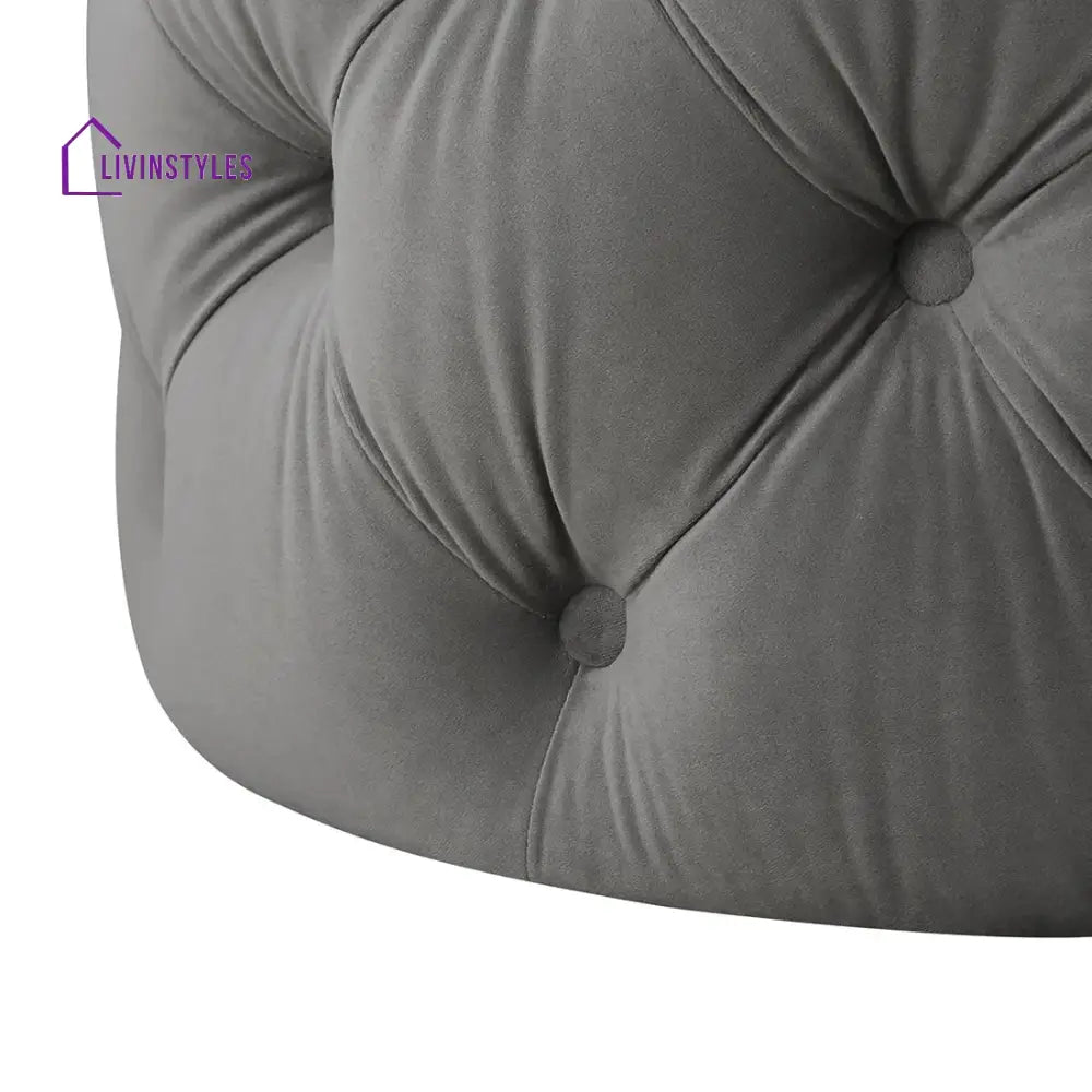 Dottie Round Shaped Grey Color Velvet Tufted Solid Puffy Ottoman Chairs