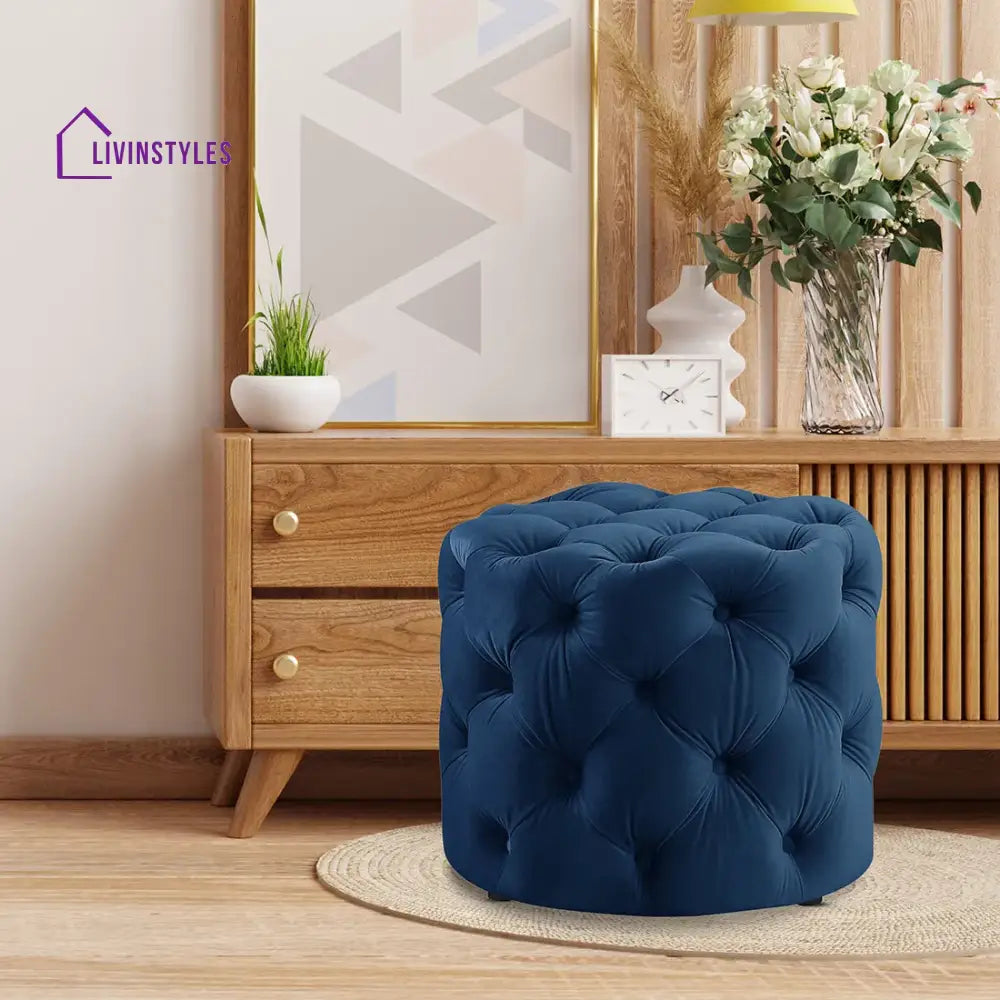 Dottie Rounded Shape Dark Blue Color Velvet Tufted Solid Puffy Ottoman Chairs