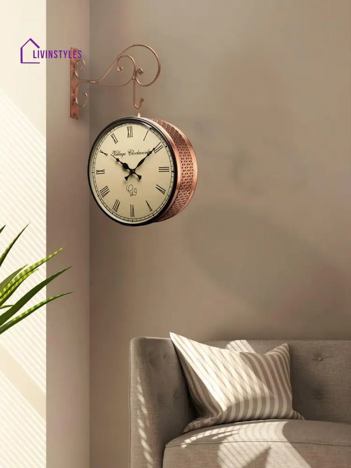 Double Sided Copper Jali Station Wall Clock 12 Inches