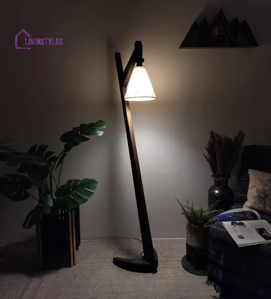 Druid Wooden Floor Lamp With Brown Base And Jute Fabric Lampshade Lamps