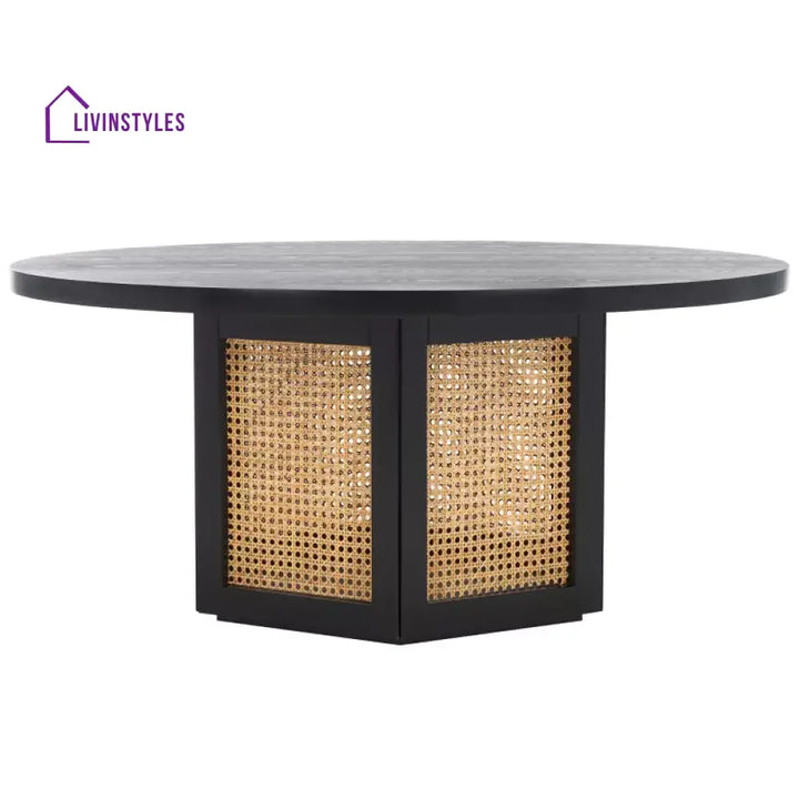 Efimiya Solid Wood Black Colour and Cane Weaving Work Coffee Table for Living Room