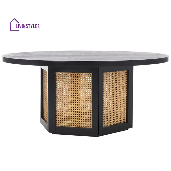 Efimiya Solid Wood Black Colour and Cane Weaving Work Coffee Table for Living Room