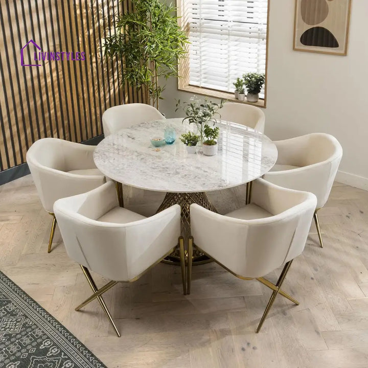 Ekta 6 Seater Round Ceramic Dining Set Gold & Cream