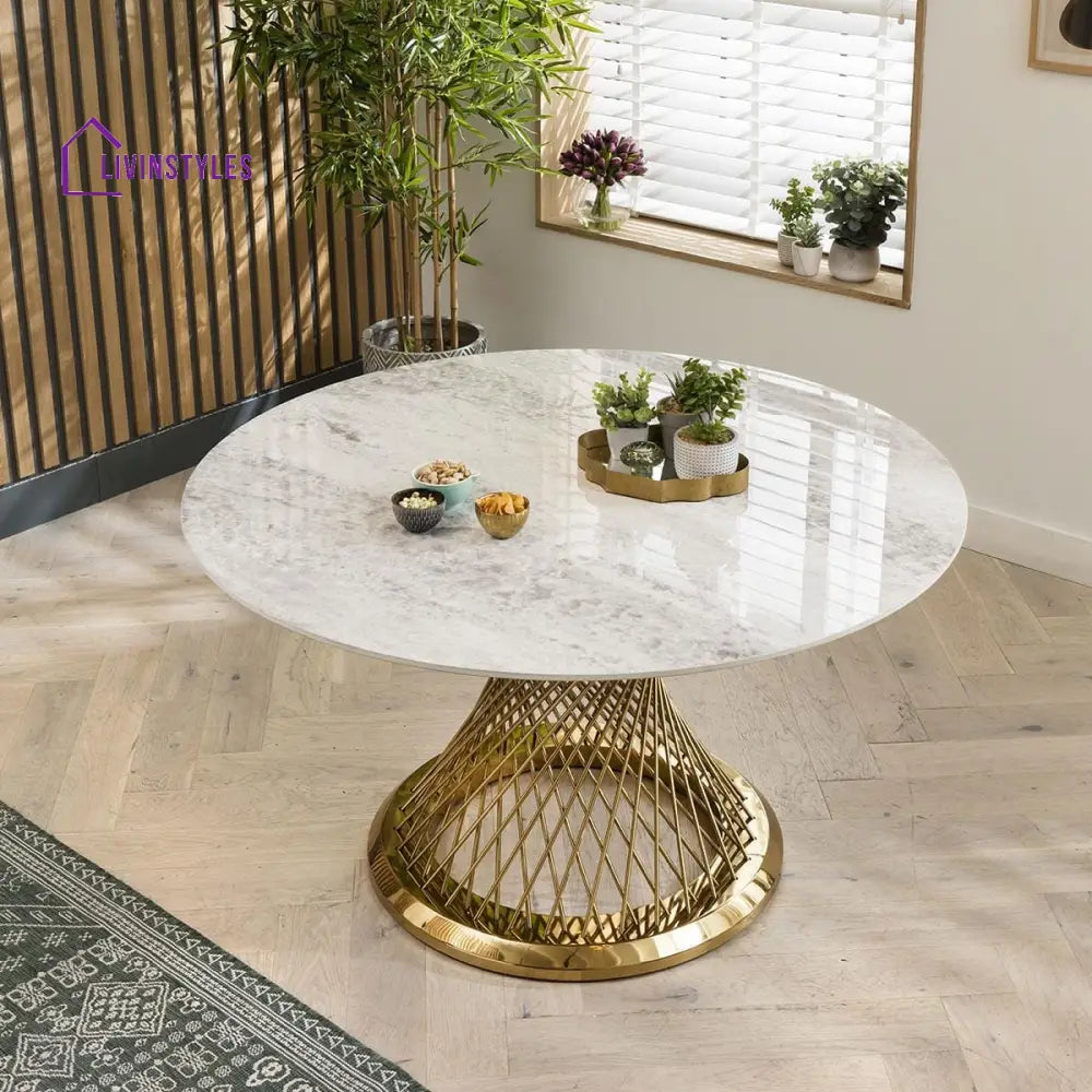 Ekta 6 Seater Round Ceramic Dining Set Gold & Cream