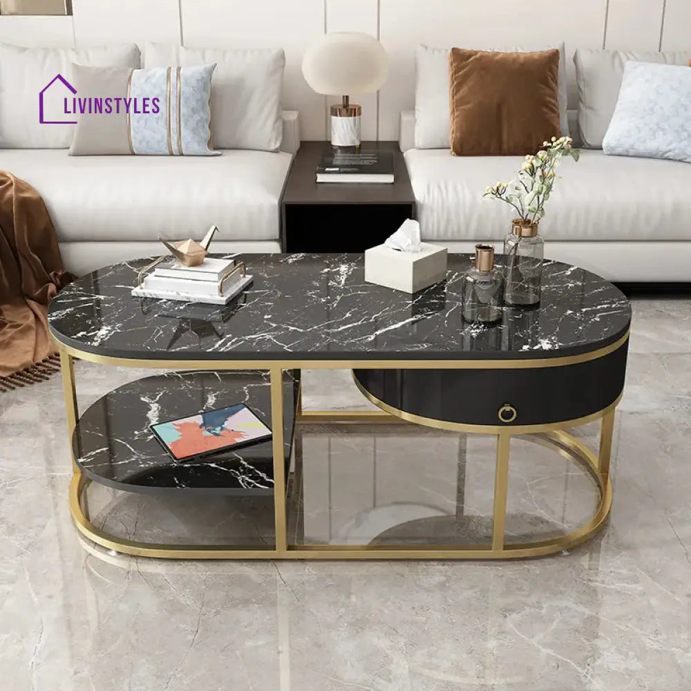 Ekta Modern Marble Coffee Table With Drawers & Shelf In Black