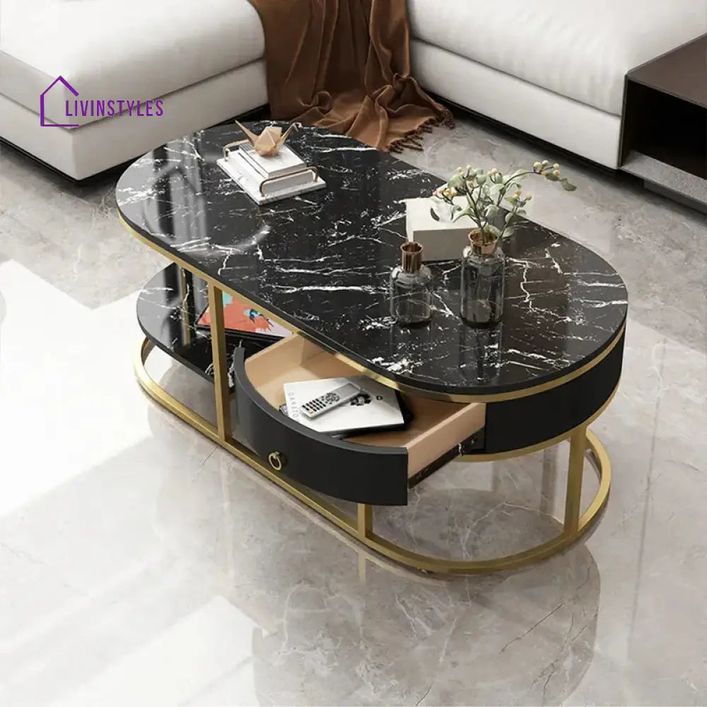 Ekta Modern Marble Coffee Table With Drawers & Shelf In Black