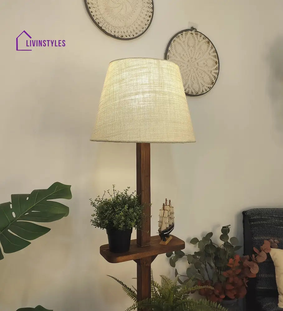 Elania Wooden Floor Lamp With Brown Base And Beige Fabric Lampshade Lamps