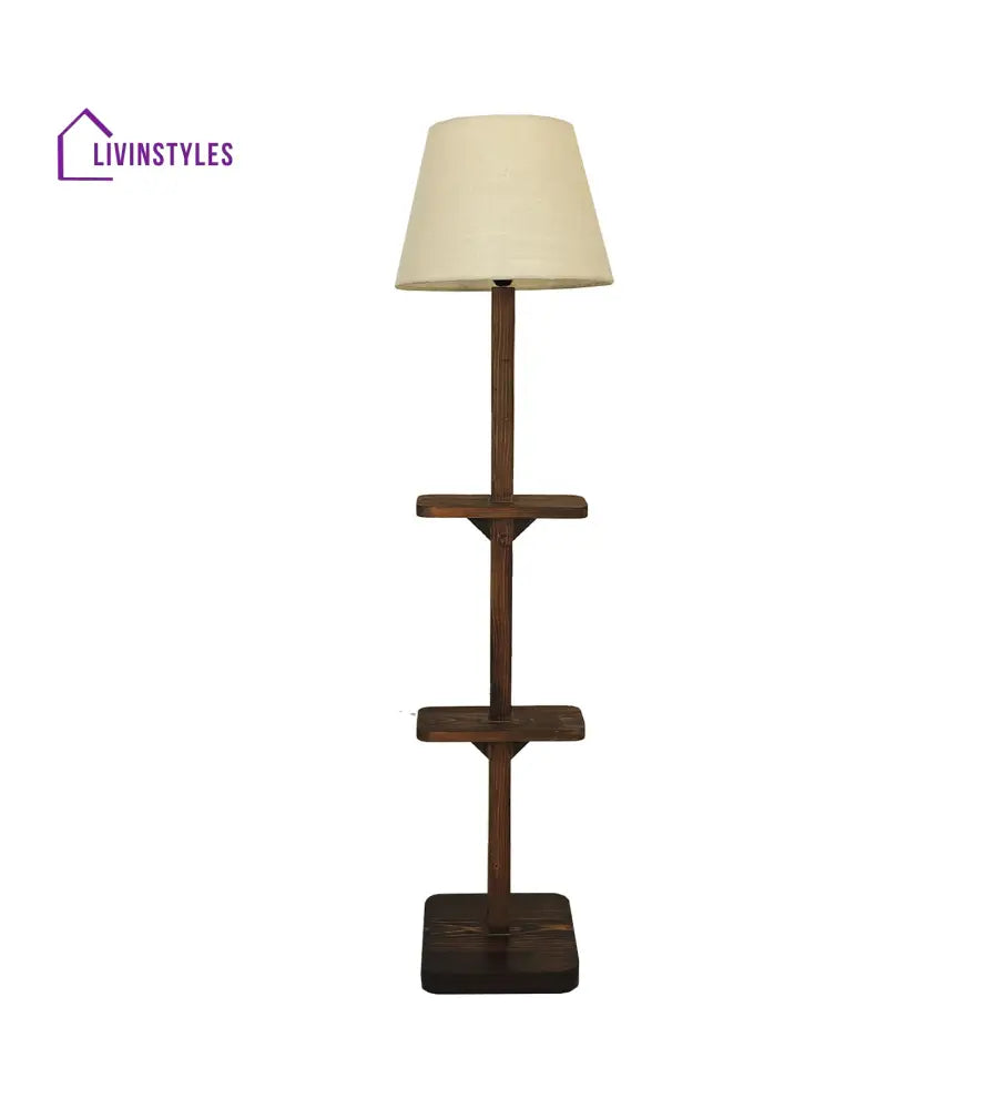 Elania Wooden Floor Lamp With Brown Base And Beige Fabric Lampshade Lamps