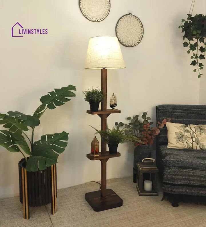 Elania Wooden Floor Lamp With Brown Base And Beige Fabric Lampshade Lamps