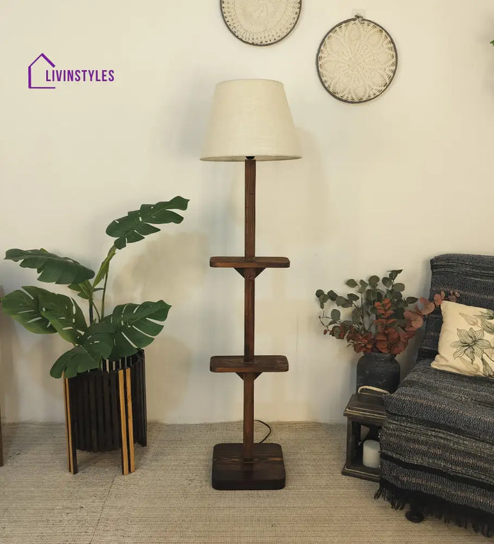 Elania Wooden Floor Lamp With Brown Base And Beige Fabric Lampshade Lamps