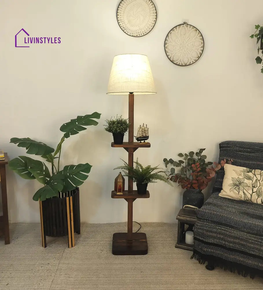 Elania Wooden Floor Lamp With Brown Base And Beige Fabric Lampshade Lamps