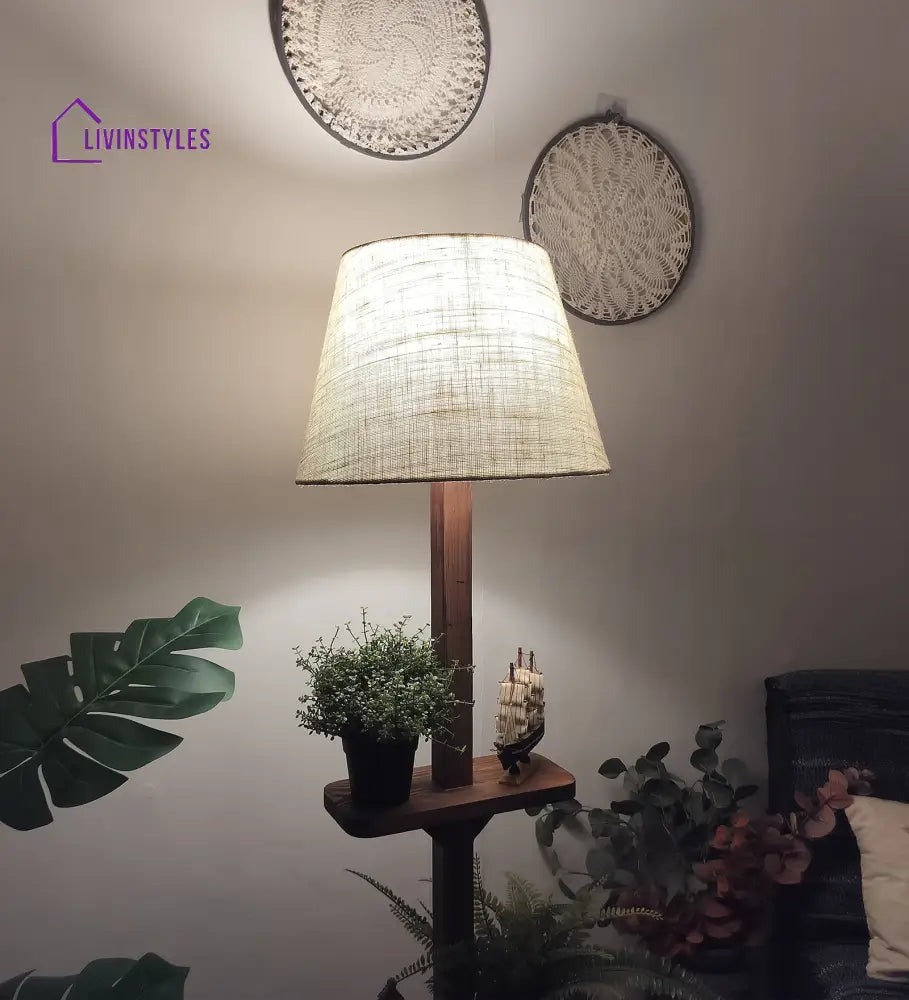 Elania Wooden Floor Lamp With Brown Base And Beige Fabric Lampshade Lamps