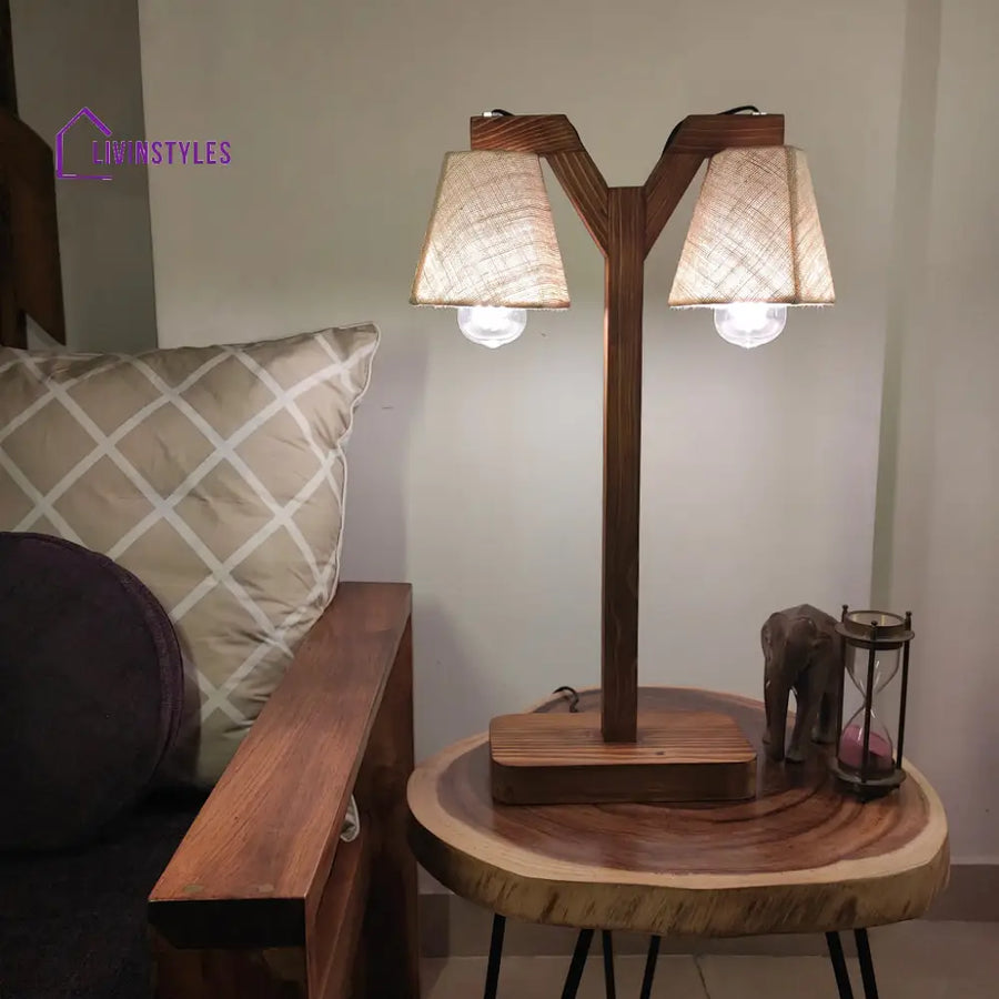 Elania Wooden Table Lamp With Brown Base And White Fabric Lampshade Lamps