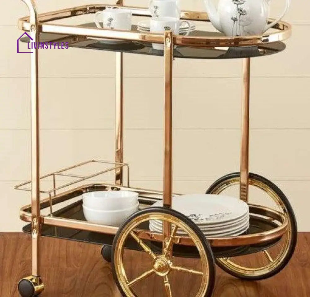 Elegant And Stylish Latvia Golden Bar Cart Trolley 2 Tier Serveware