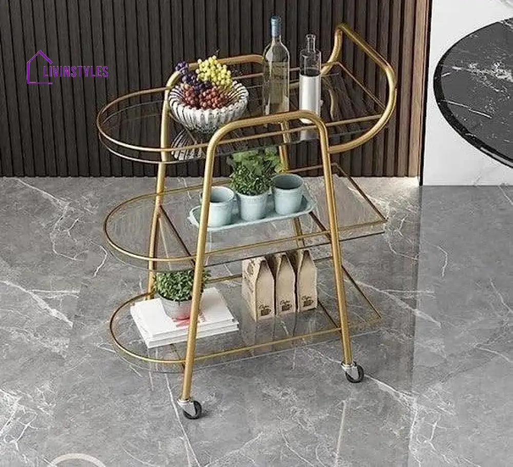 Elegant Three Tier Bar Cart Trolley With Clear Glass Serving Trays