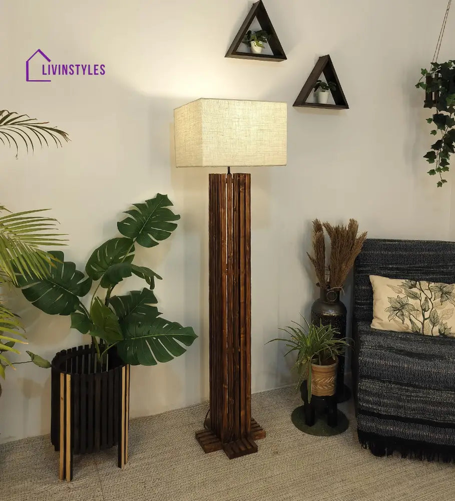 Elegant Wooden Floor Lamp With Brown Base And Premium Beige Fabric Lampshade Lamps