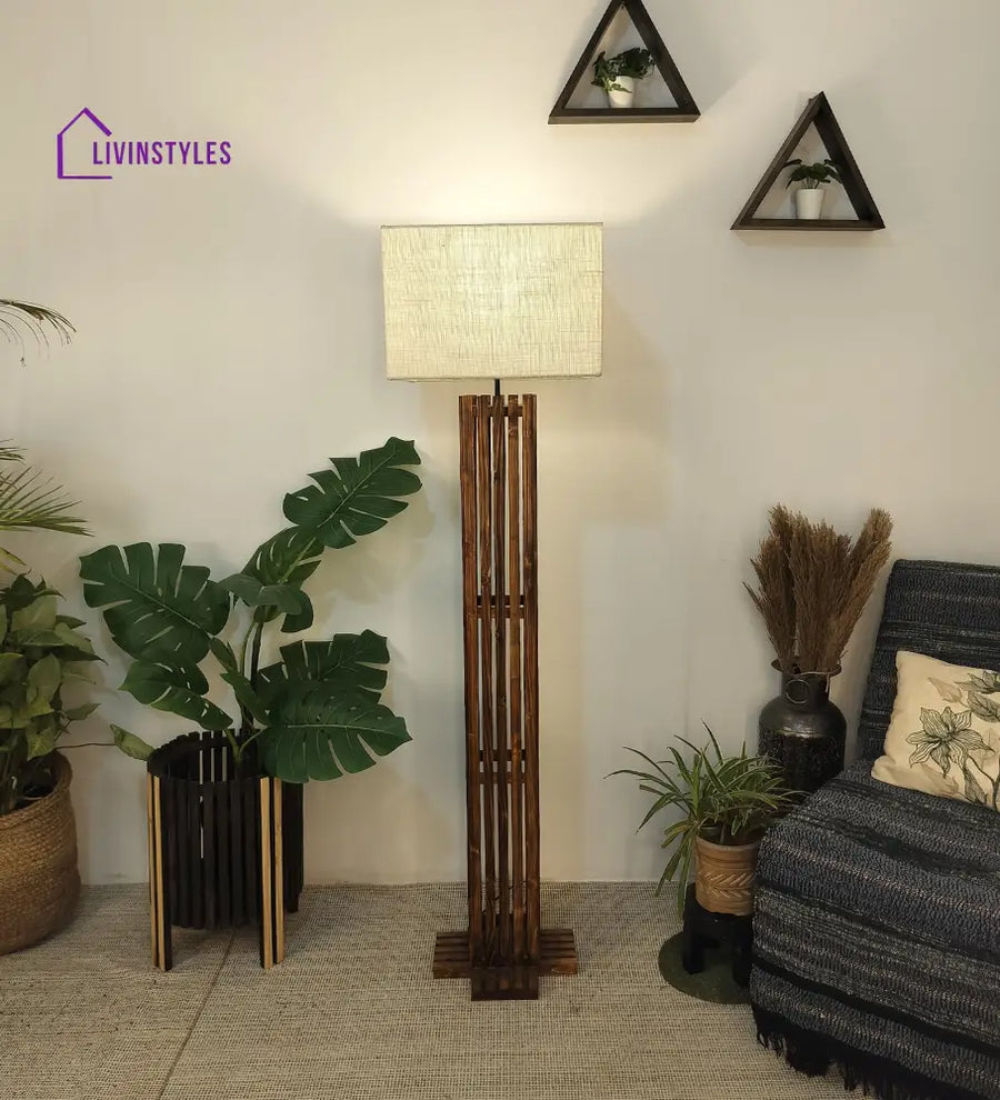 Elegant Wooden Floor Lamp With Brown Base And Premium Beige Fabric Lampshade Lamps