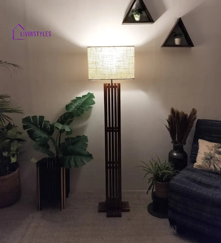 Elegant Wooden Floor Lamp With Brown Base And Premium Beige Fabric Lampshade Lamps