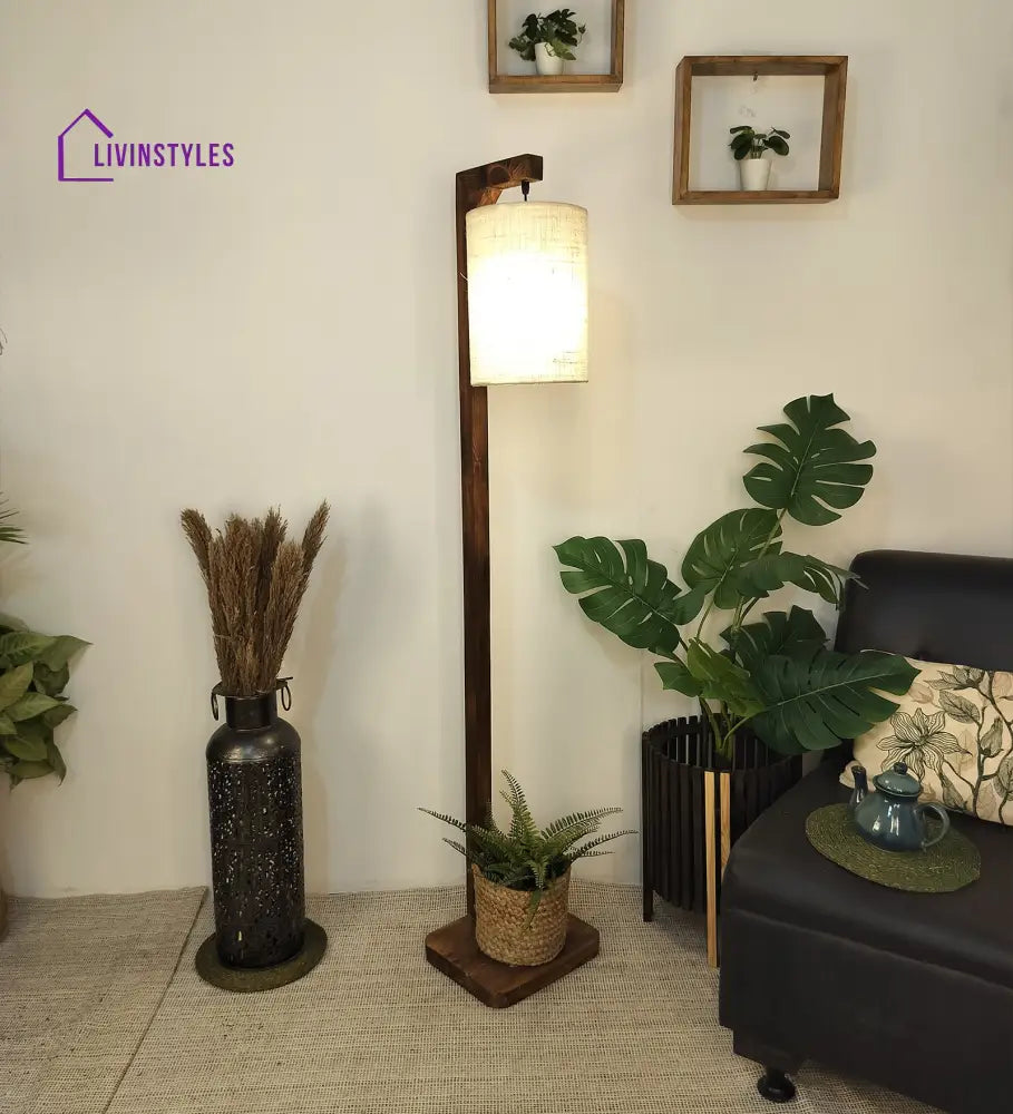 Elementary Wooden Floor Lamp With Brown Base And White Fabric Lampshade Lamps