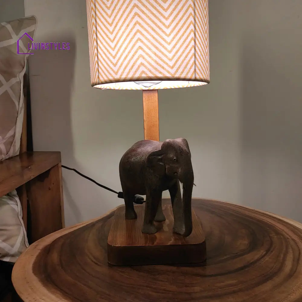 Elementary Wooden Table Lamp With Brown Base And Yellow Fabric Lampshade Lamps