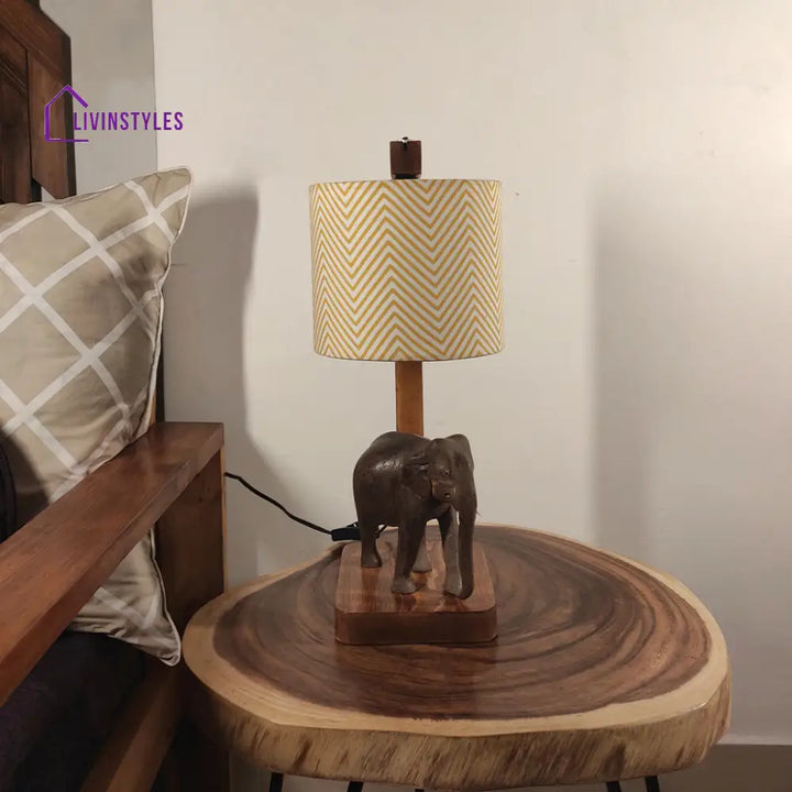 Elementary Wooden Table Lamp With Brown Base And Yellow Fabric Lampshade Lamps