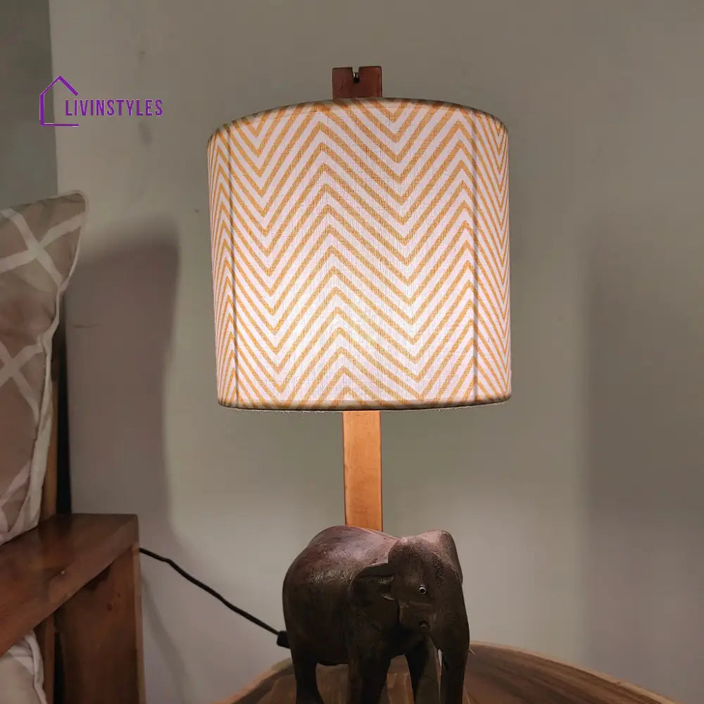 Elementary Wooden Table Lamp With Brown Base And Yellow Fabric Lampshade Lamps