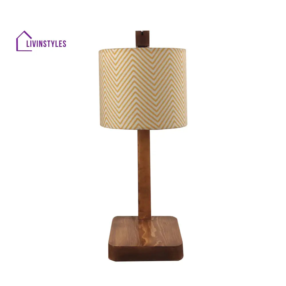 Elementary Wooden Table Lamp With Brown Base And Yellow Fabric Lampshade Lamps