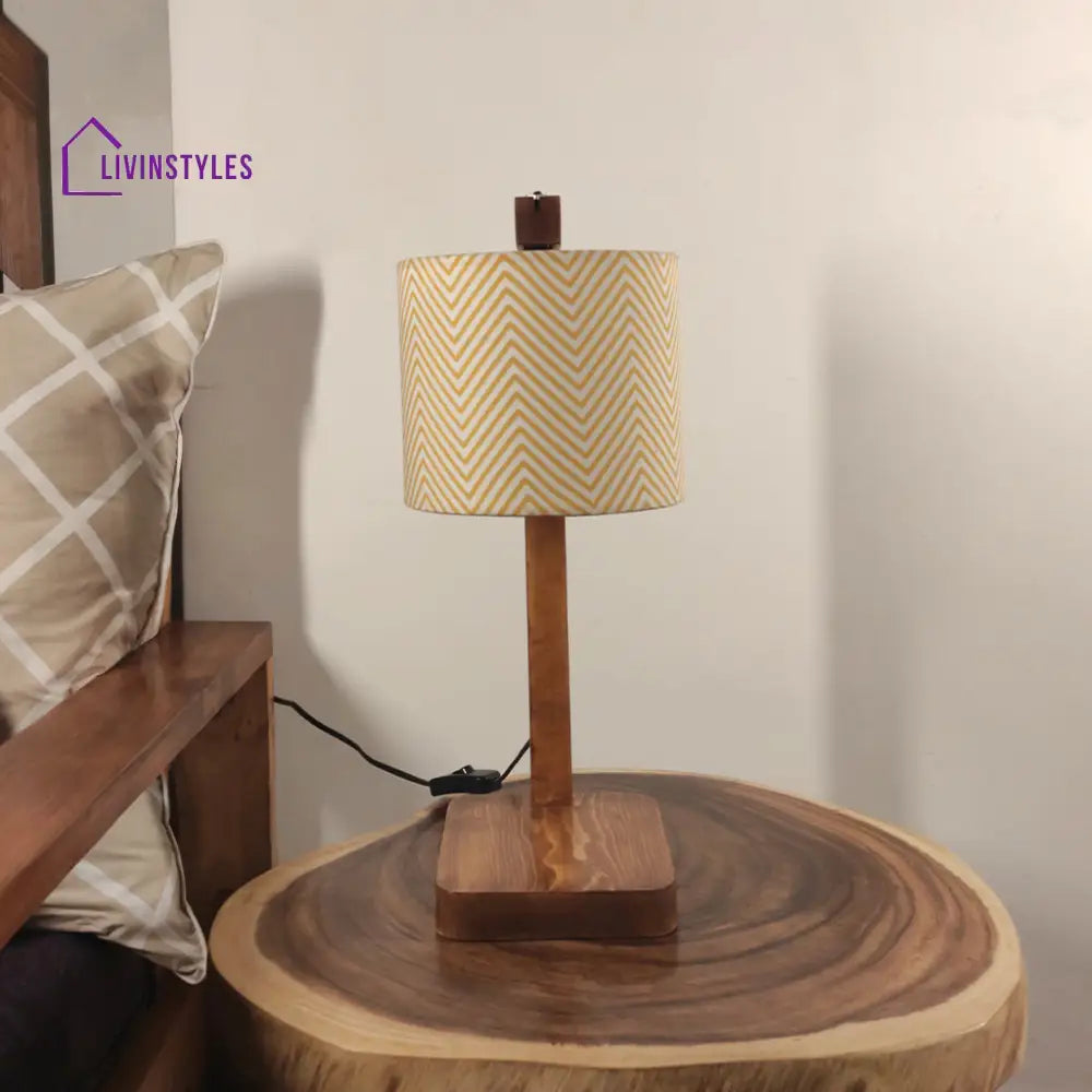 Elementary Wooden Table Lamp With Brown Base And Yellow Fabric Lampshade Lamps