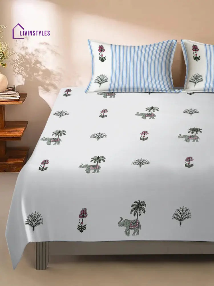 Elephant Print White Cotton King Size Bed Sheet With 2 Pillow Covers Sheet