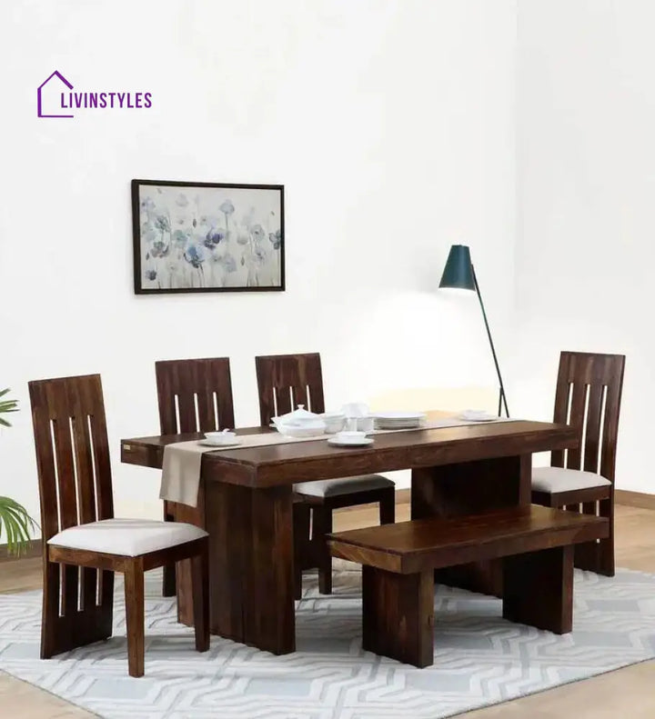 Ember Sheesham Wood 6 Seater Dining Set In Teak Finish With Bench Dining Set