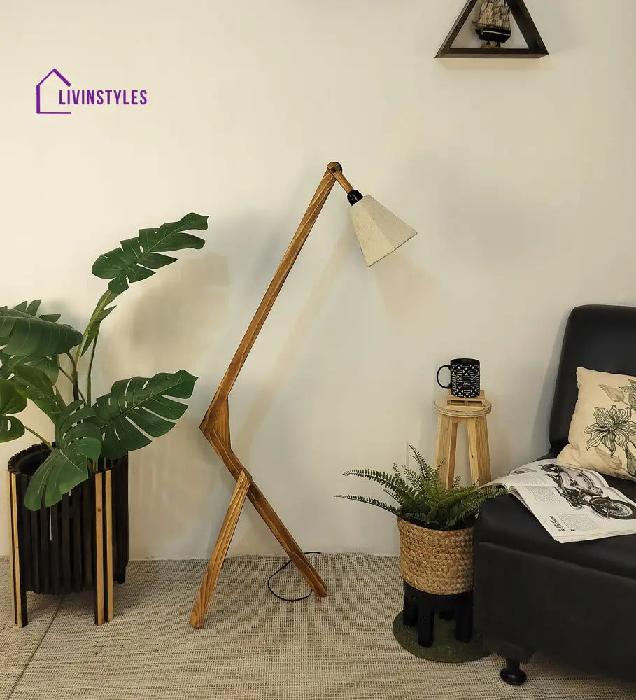 Emphasis Wooden Floor Lamp With Brown Base And Beige Fabric Lampshade Lamps