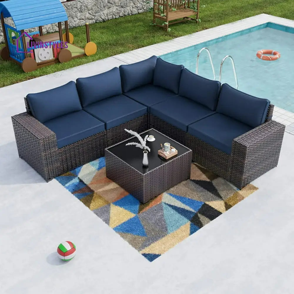 Evaline Outdoor Patio Furniture Set 6 Pieces Sectional Rattan Wicker Sofa Navy Blue