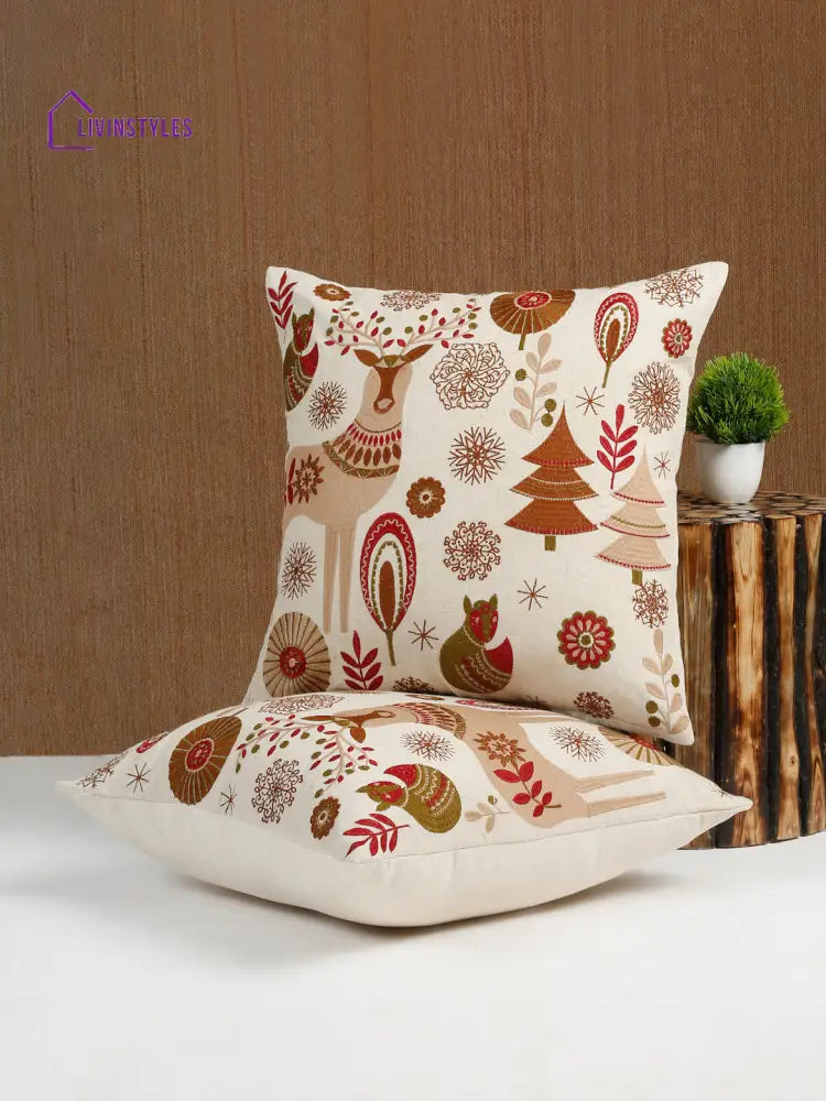 Eyda Beige Cotton Linen Embroidered Cushion Cover Set Of 2