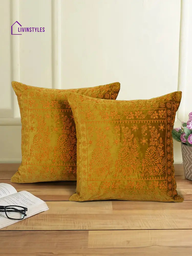 Eyda Mustard Color Embroidered Velvet Cushion Covers Set Of 2 - 18X18 Inch