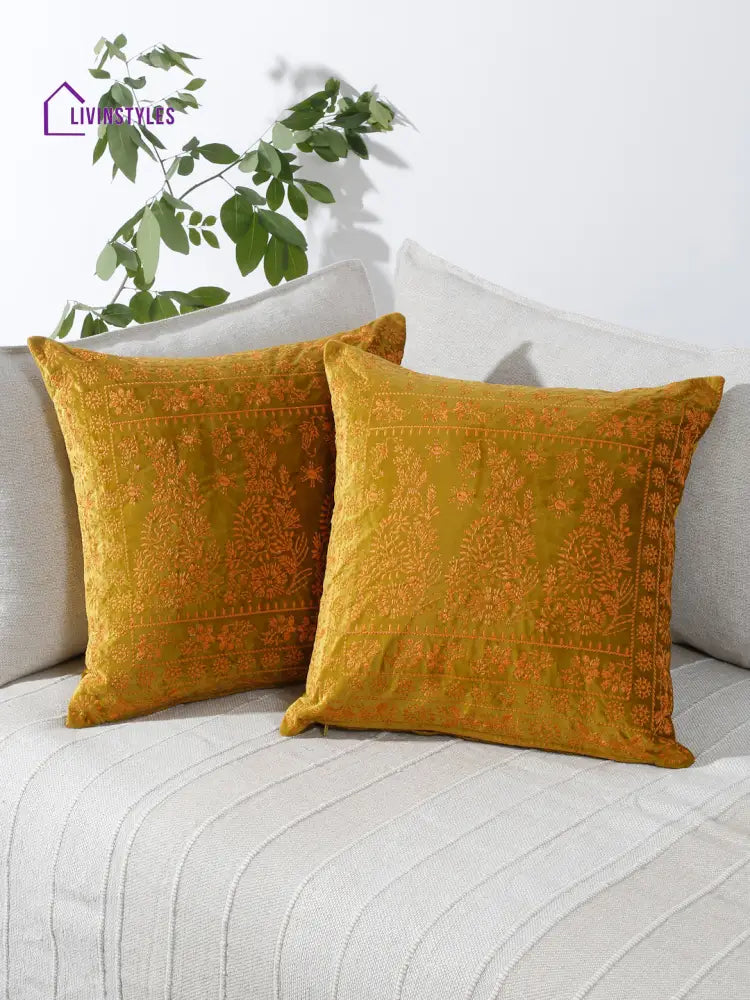 Eyda Mustard Color Embroidered Velvet Cushion Covers Set Of 2 - 18X18 Inch