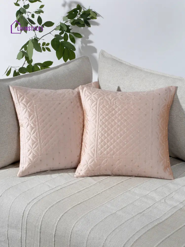 Eyda Peach Color Quilted Cushion Covers Set Of 2 - 16X16 Inch