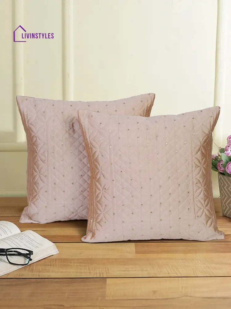 Eyda Peach Color Quilted Cushion Covers Set Of 2 - 16X16 Inch