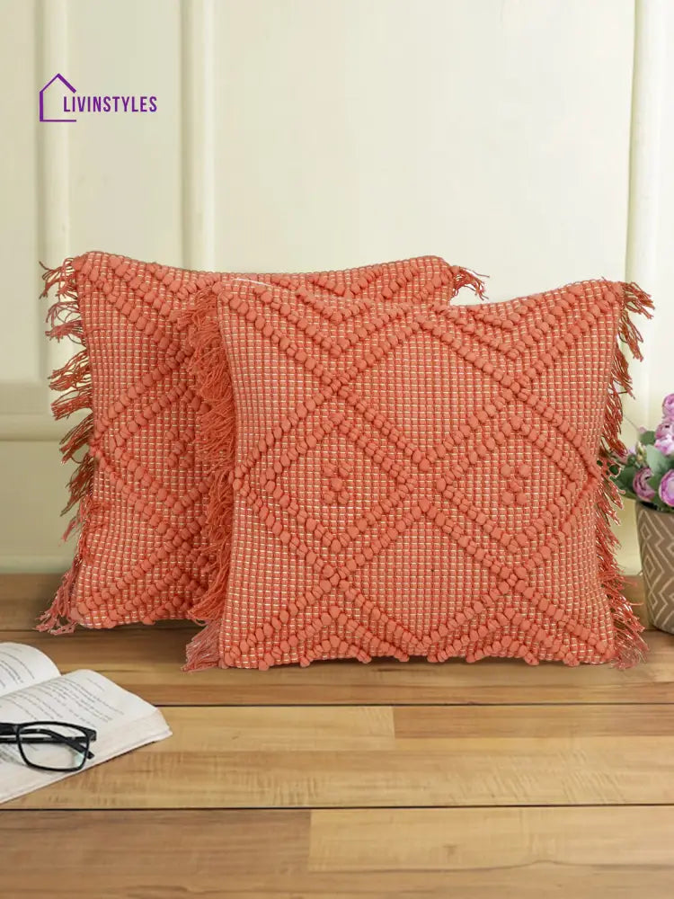 Eyda Peach Cotton Hand Woven Cushion Cover Set Of 2