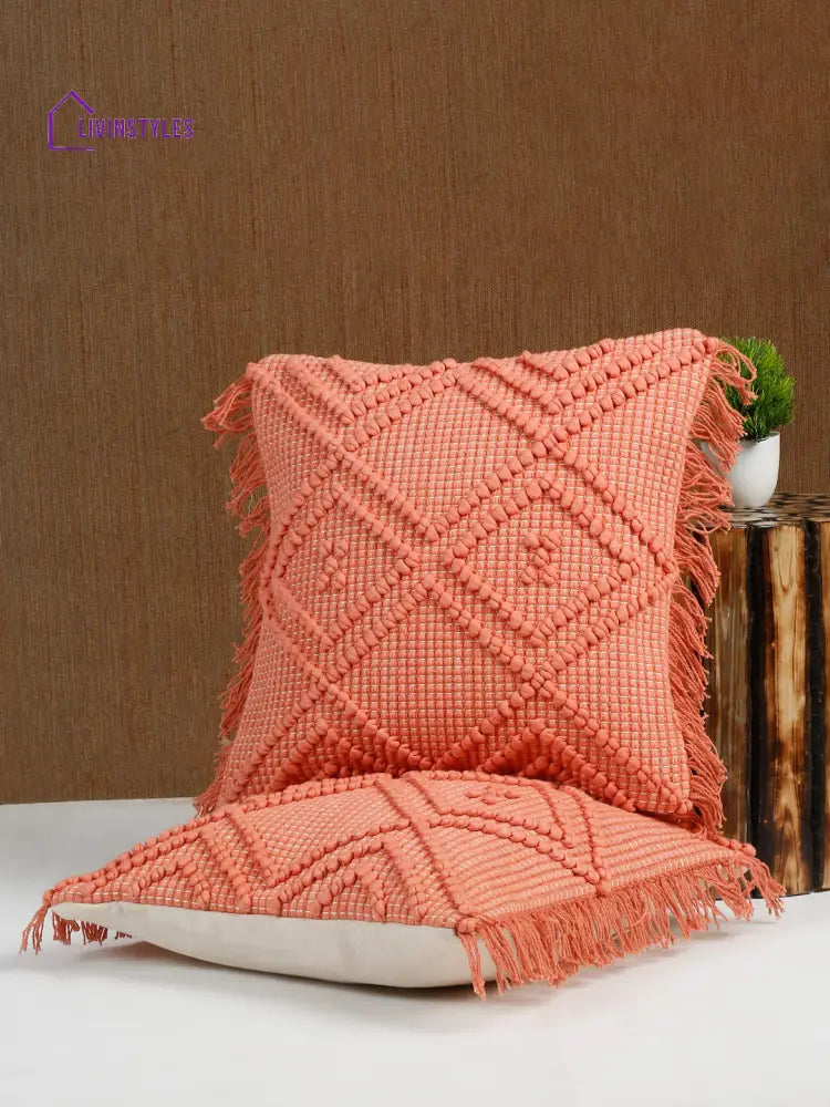 Eyda Peach Cotton Hand Woven Cushion Cover Set Of 2