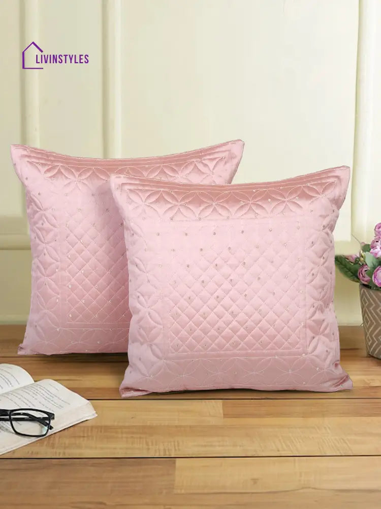 Eyda Pink Color Quilted Cushion Covers Set Of 2 - 16X16 Inch