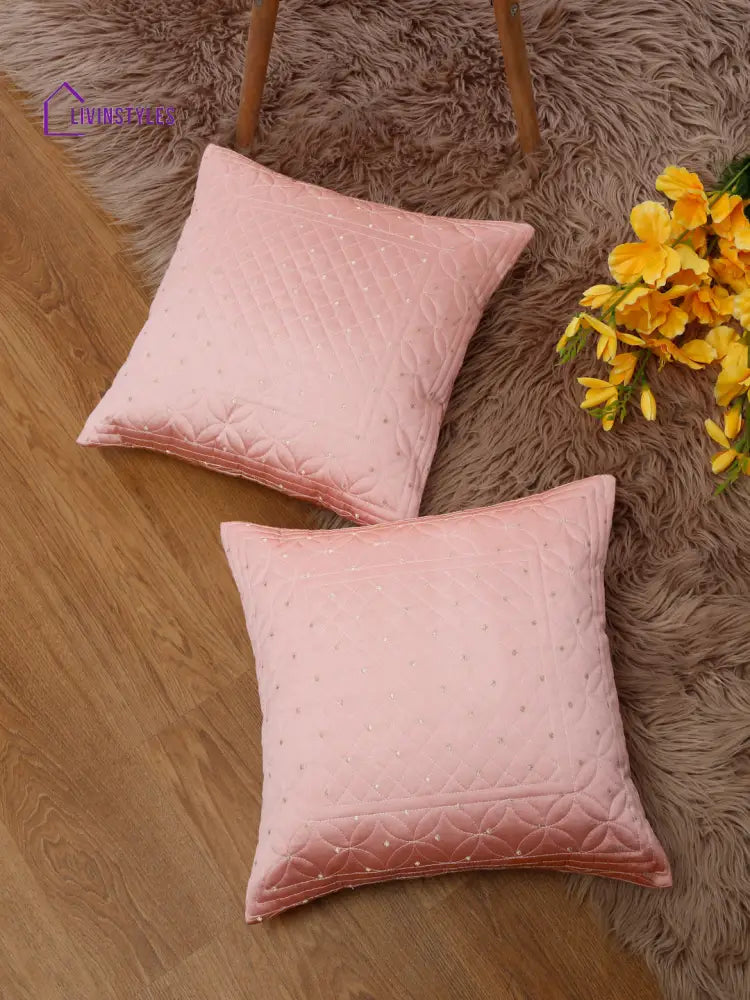 Eyda Pink Color Quilted Cushion Covers Set Of 2 - 16X16 Inch