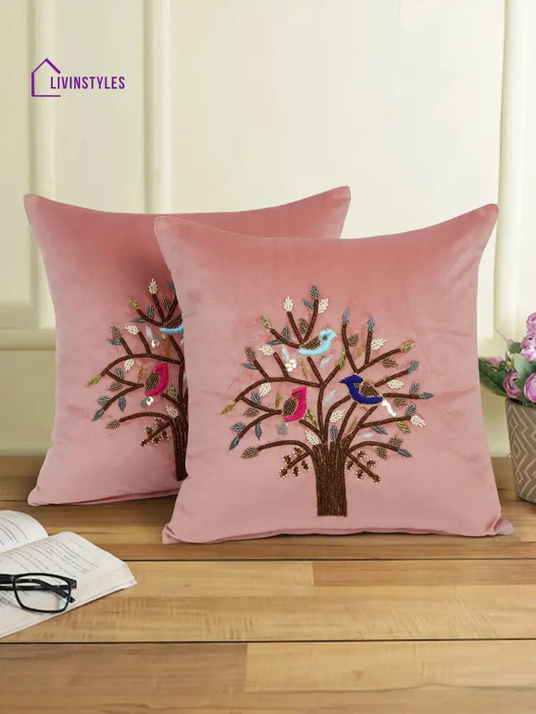 Eyda Pink Velvet Embroidered Cushion Cover Set Of 2