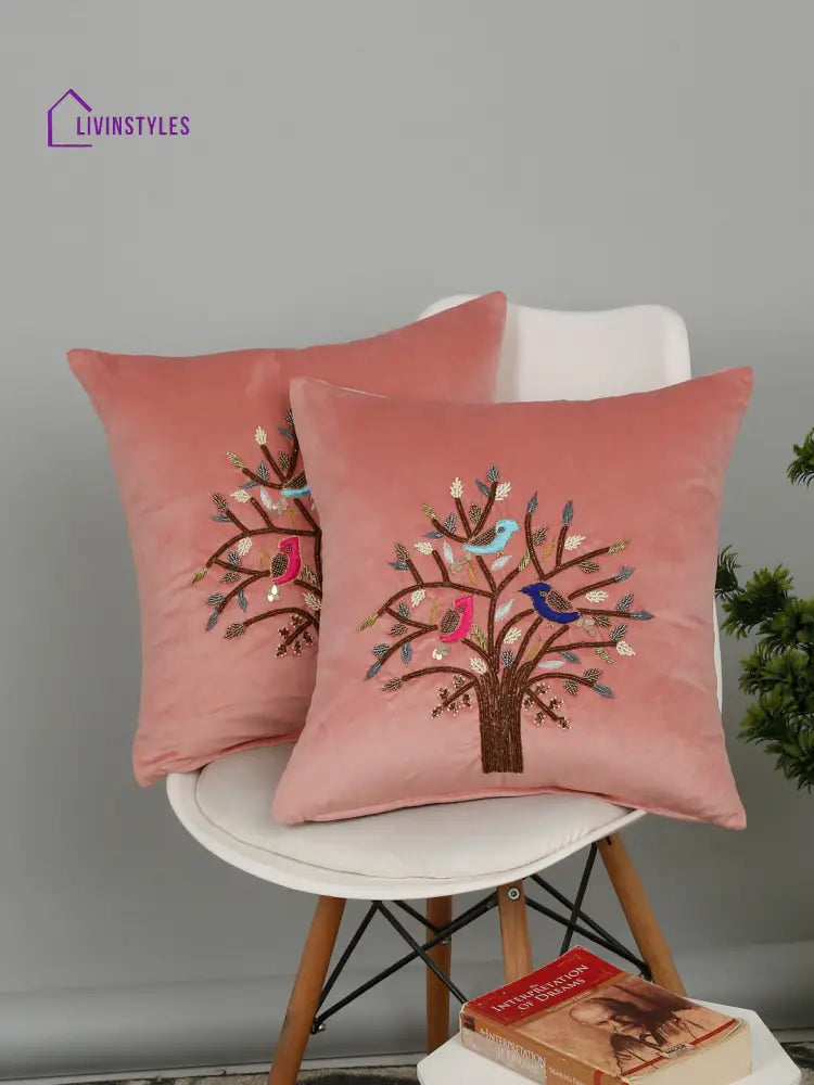 Eyda Pink Velvet Embroidered Cushion Cover Set Of 2