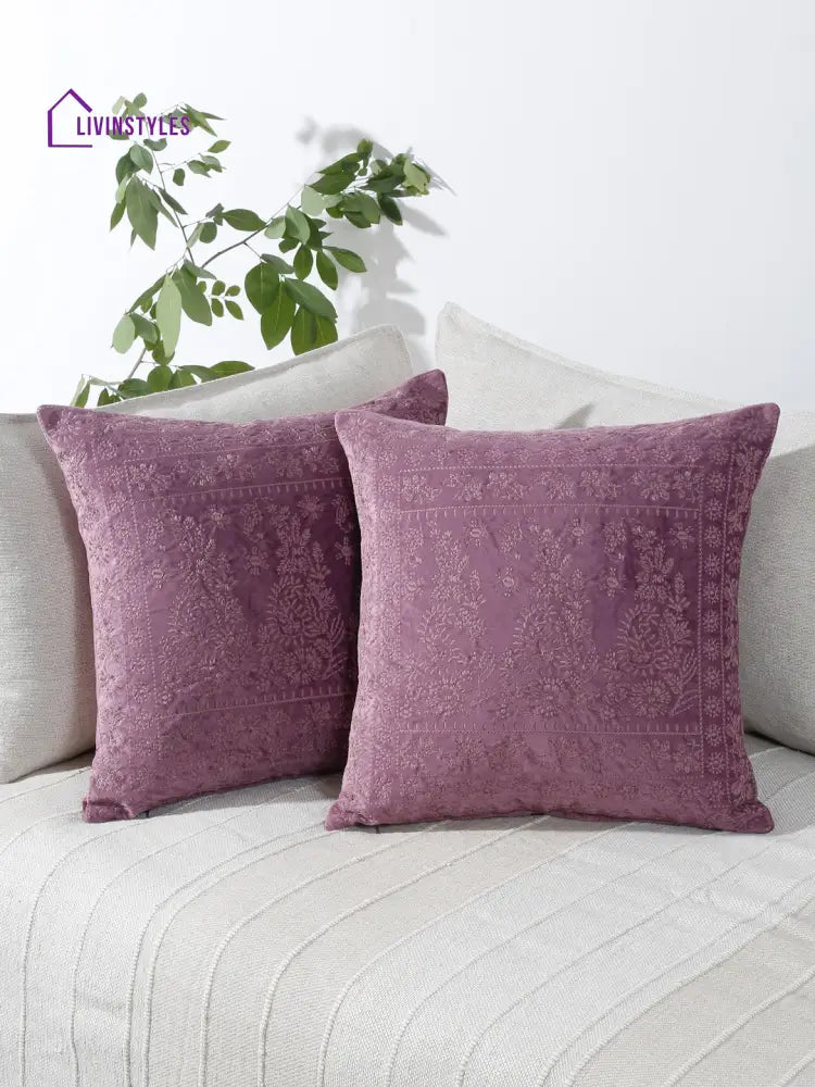 Eyda Purple Color Embroidered Velvet Cushion Covers Set Of 2 - 18X18 Inch