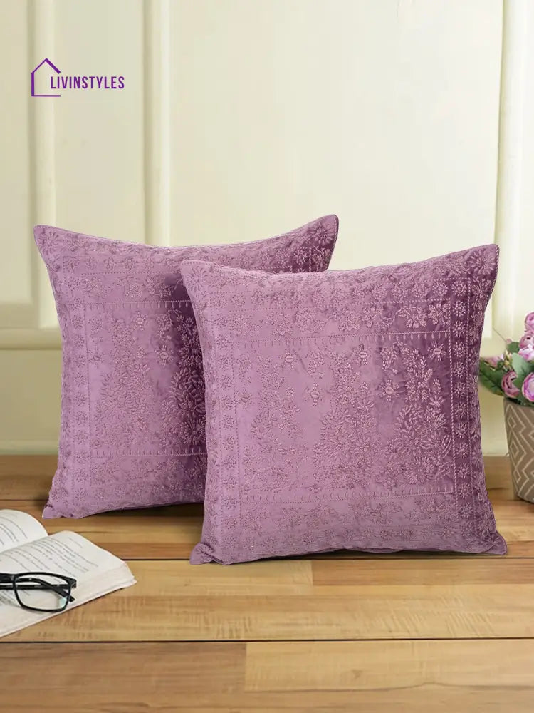 Eyda Purple Color Embroidered Velvet Cushion Covers Set Of 2 - 18X18 Inch