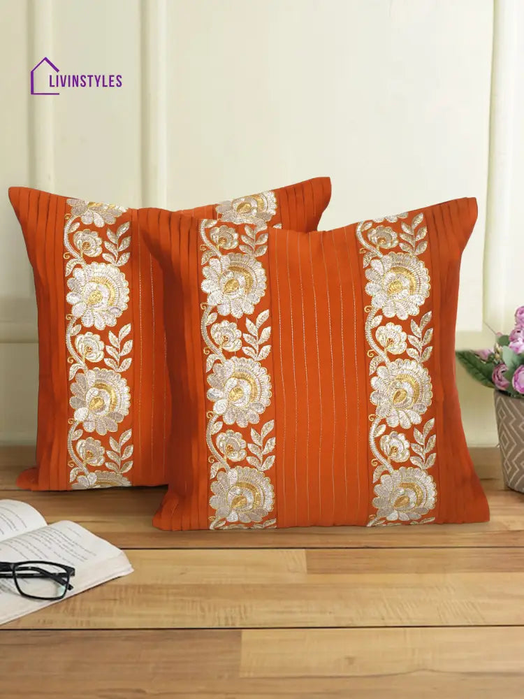 Eyda Red Color Embroidered Cushion Cover Set Of 2-16X16 Inch