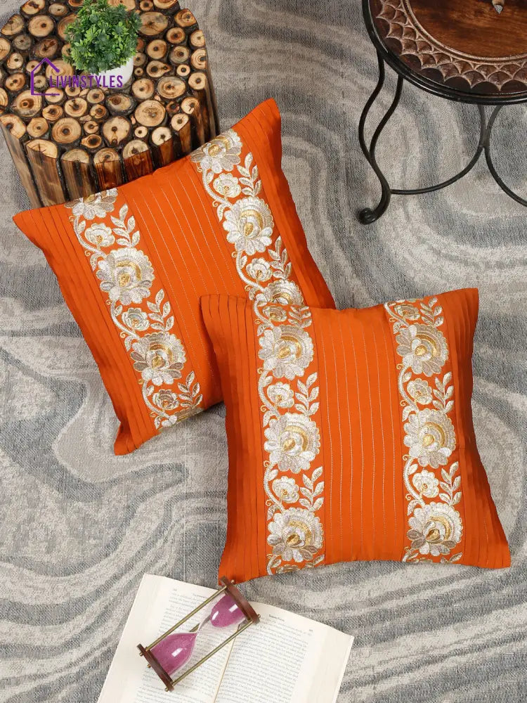 Eyda Red Color Embroidered Cushion Cover Set Of 2-16X16 Inch