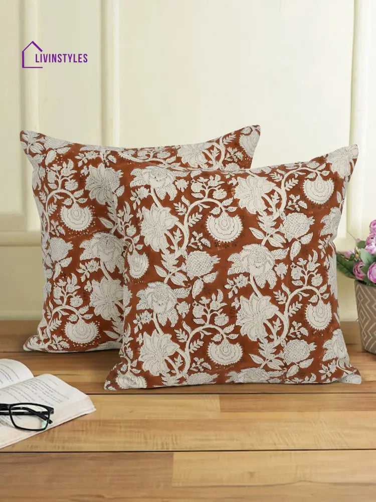 Eyda Rust Cotton Hand Block Cushion Cover Set Of 2